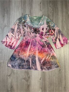 Daniel Benjamin Boho Fairycore V Neck Sheer Tunic 3/4 Sleeve Top Medium Y2K